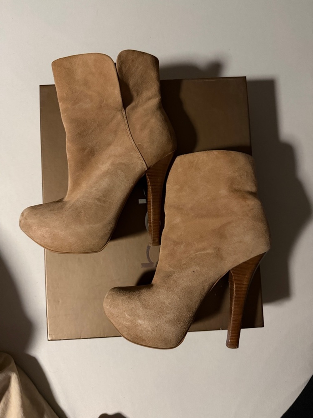 bebe Tan Suede High Heel Ankle Booties